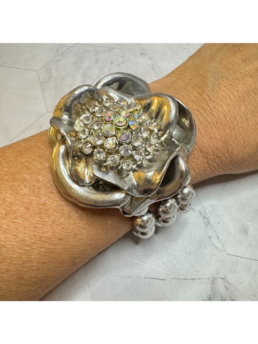 Large Flower Stretch Bracelet Corsage AB & Rhinestone Silver Tone Fashion